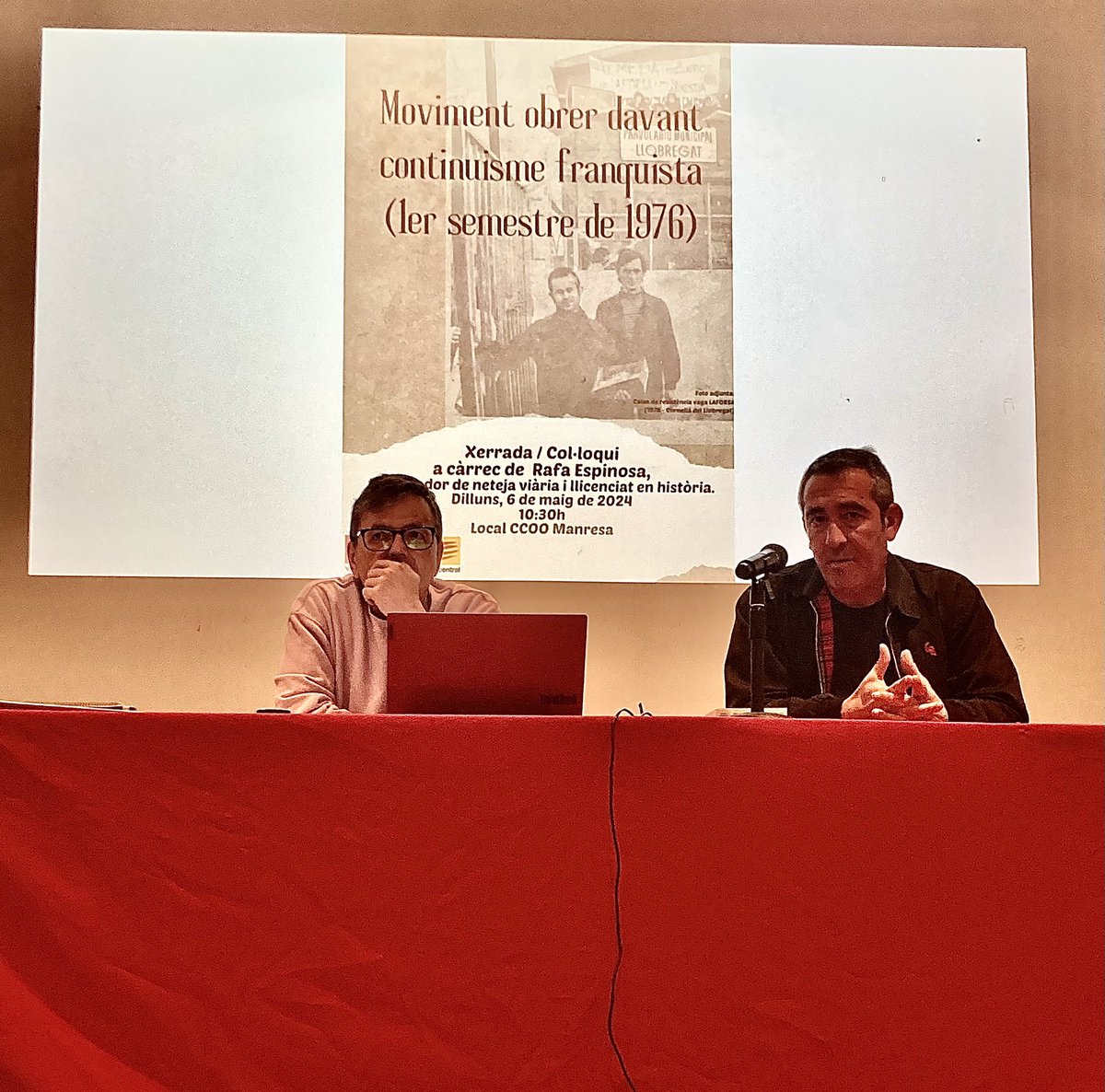 Iniciem el darrer acte de la setmana cultural del 1r de maig a Manresa organitzada per @ccoo_vocc_catc. Avui amb la xerrada de @RafaEspinosa15 sobre el moviment obrer davant continuisme franquista (1er semestre de 1976)