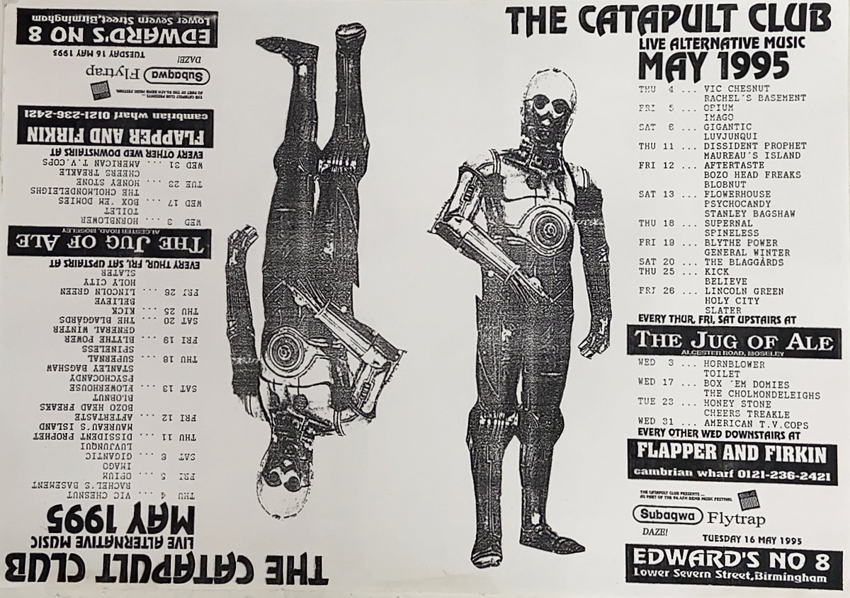 Step back in time! May 1995 and this is what the @TheCatapultClub had coming up at The Jug, The Flapper and Edwards no.8! Archive credit: Arthur Tapp