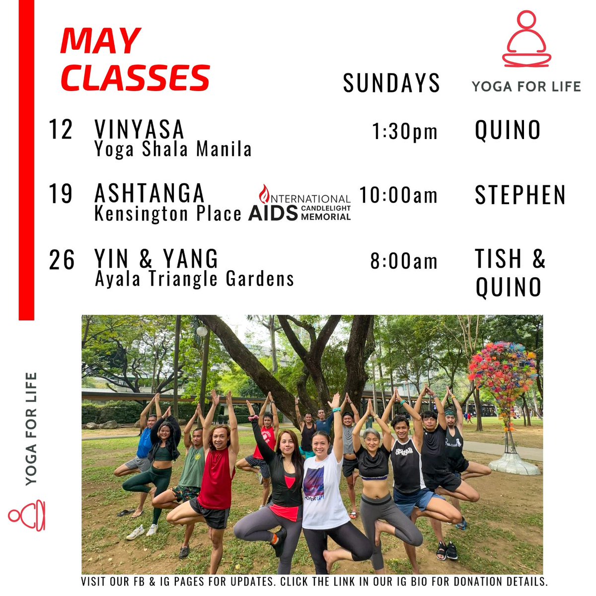 The temperature may be rising, but we're still flowing and breathing. ☀️ We're offering a variety of practices for you at Yoga for Life—all beginner-friendly and open-level. Please note our special classes on May 19 and 26. See you on the mat!