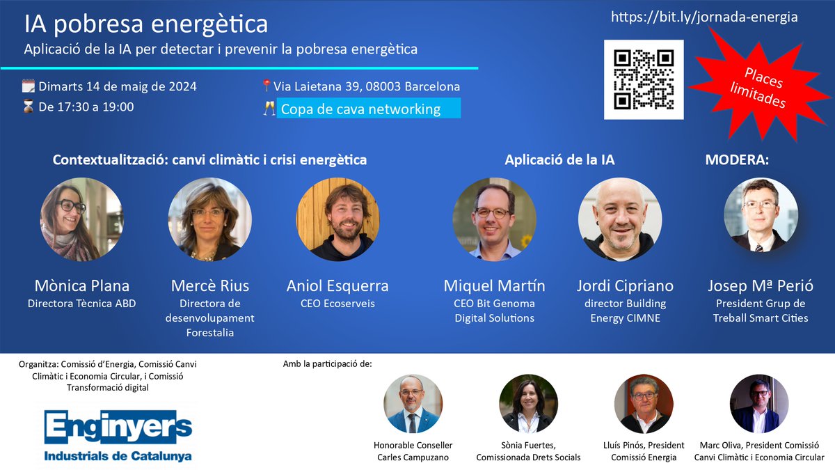 14/05: Com abordar la #PobresaEnergètica? Les noves tecnologies, com la #IA, ens poden ajudar?

👥 En parlarem amb <a href="/abd_ong/">ABD</a> <a href="/FORESTALIA2/">FORESTALIA</a> <a href="/Ecoserveis/">Associació Ecoserveis Cultura Energètica</a> <a href="/bitgenoma/">BitGenoma Digital Solutions</a> <a href="/cimne/">CIMNE</a> i <a href="/GdT_SmartCities/">G. T. Smart Cities</a>.

Inscriu-te! tuit.cat/Zu5up

#JornadesEIC