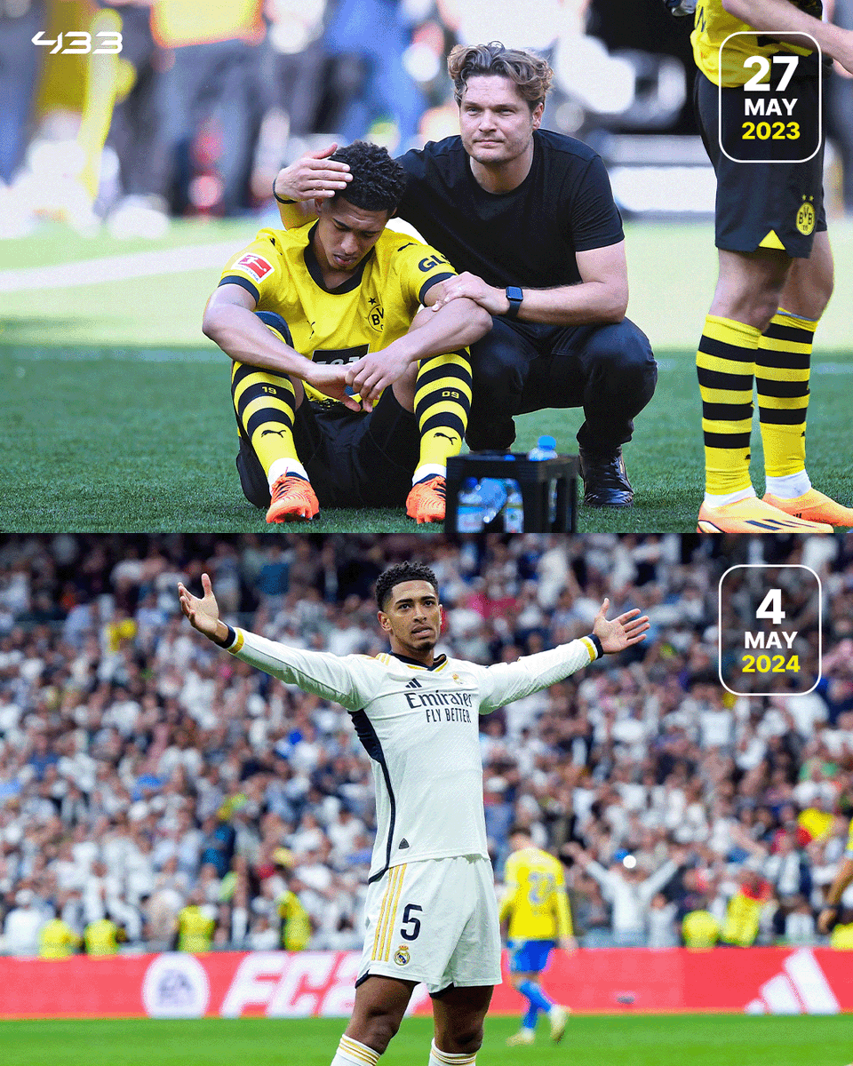 433's tweet photo. 2023: narrowly misses out on the Bundesliga title on the last day 😢

2024: Real Madrid's top scorer as they are crowned LaLiga champions for the 36th time 🏆

What a difference a year made for Jude Bellingham 💛 https://t.co/4jRv6YJqep