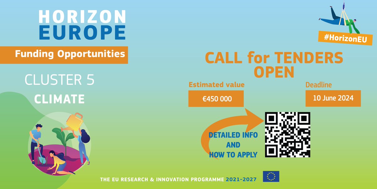 #EUfunding Opportunity Ready to make a difference in climate research and innovation? 💡 #HorizonEU call for tenders is OPEN! 📩Submit your proposals to drive climate action and innovation. 🗓️Deadline: 10 June 2024. Details 👉 cinea.ec.europa.eu/funding-opport… #Climate #EUGreenDeal