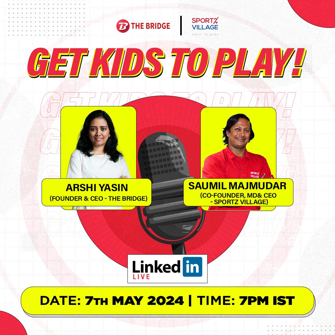 The stage is set for our co-founder and CEO Arshi Yasin and Saumil Majmudar  who is the co-founder, MD and CEO of Sportz Village to connect on his recent book titled 'Get Kids To Play' and understand the ideology behind it.

Stay tuned!

#sportsforkids #schoolsports