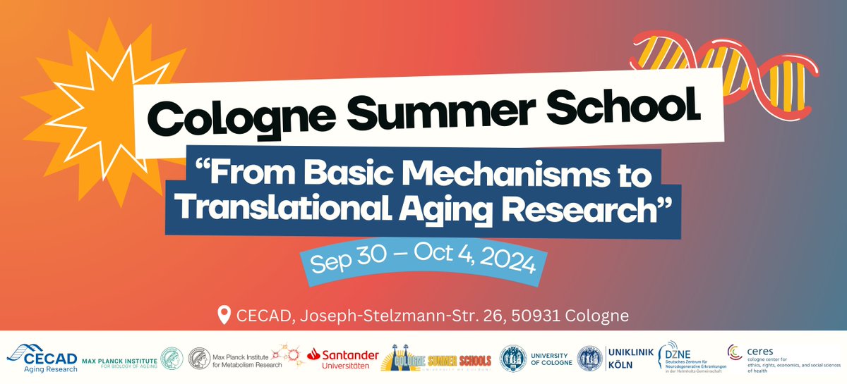 🔬🎓☀️#AgingResearch at #CologneSummerSchool 2024! Join our great journey, from basic mechanisms to translational aging research! @UniCologne 

📅 When? 30.09. - 04.10
📍 Where? Cologne, Germany    

ℹ️ More info and registration at cecad.uni-koeln.de/css2024