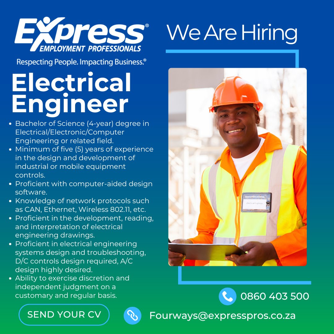 🌟 NEW VACANCY ALERT! 🌟
Position: Electrical Engineer
Location:Randburg
📧 Email: Fourways@expresspros.co.za
📞 Tel: 0100356595
#ControlsystemsJobs #EngineeringJobs #HiringElectricalEngineer #JobOpportunity #ExpressProsFourways #FourwaysAlways #StaffingExperts