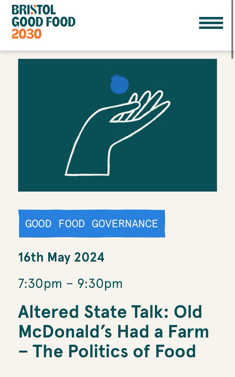 Thanks to @bgf2030 for their listing of OLD McDONALD'S HAD A FARM - THE POLITICS OF FOOD our next talk on May 16th at @henandchicken bristolgoodfood.org/events/altered… #talks #bristol #food #sustainability #bigfood #diet #obesity #nhs #ethics #ethicalchoices #supermarkets #alteredstate