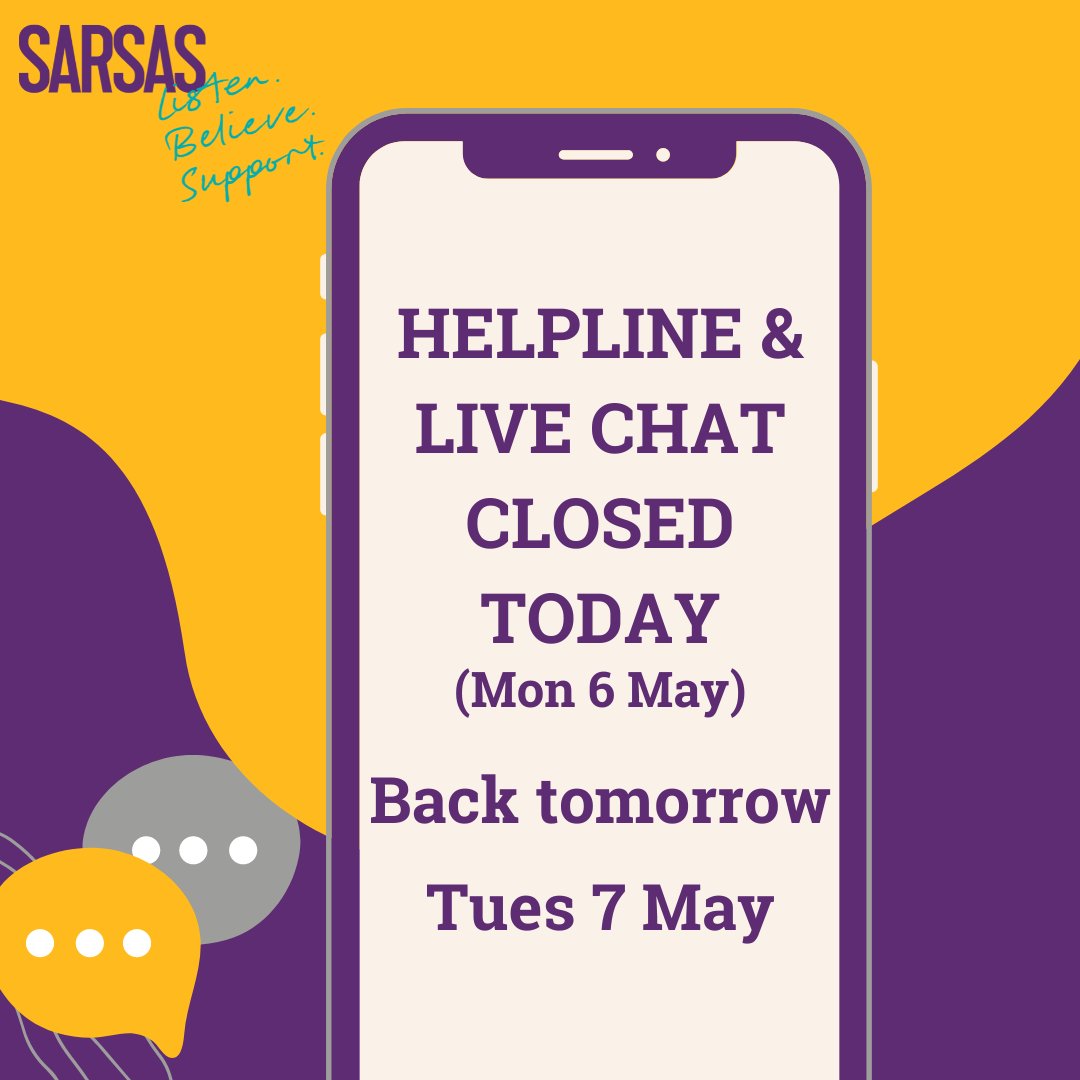 Just to remind you that our support services are closed for the Bank Holiday today. We'll be back as usual tomorrow. 💙 If you need some extra support today, you can contact: 24/7 National Rape & Sexual Abuse Support Line 📞 Call free on 0808 500 2222 💻 rapecrisis.org.uk