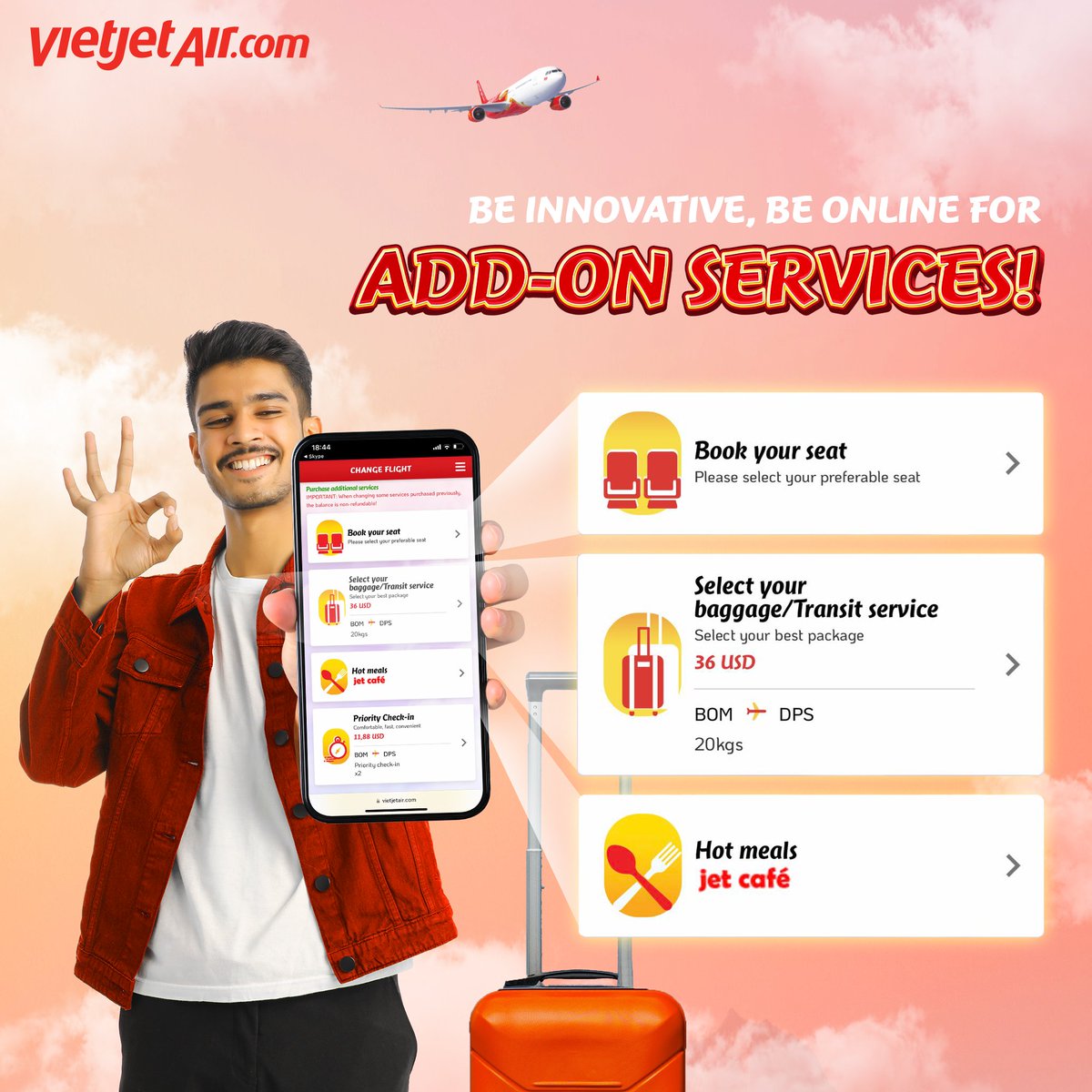 🌟 Simplify your travel with Vietjet add-on services: Make your journey online for the best experience: ✅ Reserve seats online ✅ Upgrade or buy baggage ✅ Prebook meals for discounts up to 30% Book now at: bit.ly/TW_YourRealDea… #Vietjet