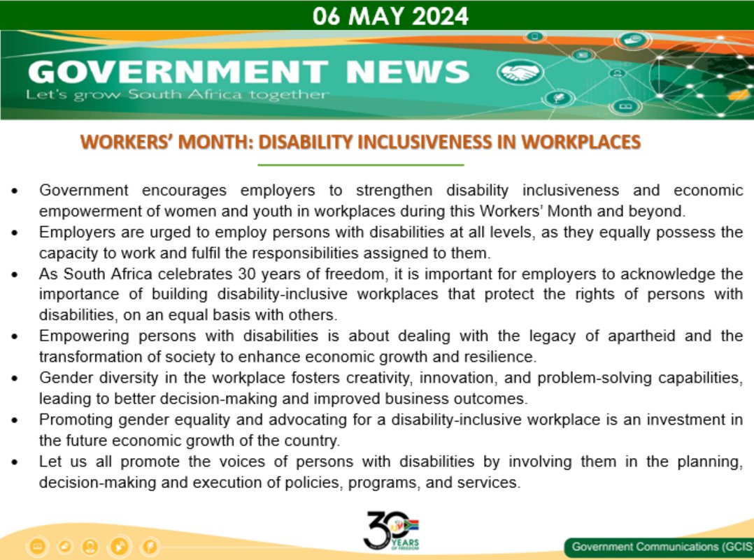 Workers’ Month: Disability inclusiveness in workplaces @DWYPD_ZA @GovernmentZA
