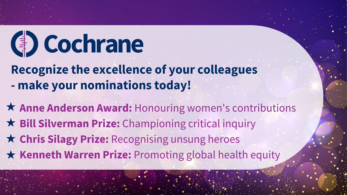 REMINDER 📣 Nominations for the esteemed Cochrane prizes and rewards close on 5 June - make your nominations now! 

🏆We are looking forward to announcing the winners and celebrating them at #GES2024 <a href="/GESummit/">GESummit</a>
 
➡️ Make your nominations here: buff.ly/4b0CH18