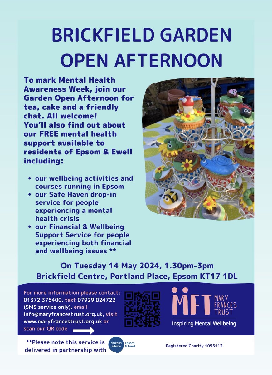Join our Garden Open Afternoon for tea, cake and a friendly chat ☕️🍰

You'll also find out about our FREE mental health support available to residents of Epsom & Ewell 🫶

#TeaAndCake #OpenAfternoon #BrickfieldGarden #MentalHealthSupport #SurreyCharity #EpsomAndEwell