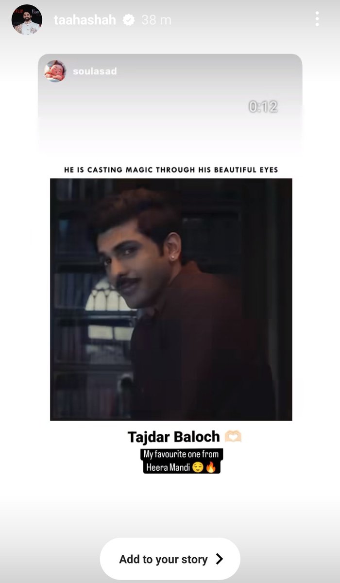 So this happened...😩😭
Tajdar Baloch from Heera Mandi reposted my story 🤧💖
He's definitely my favourite one from the movie 🫶🏻
#HeeraMandiOnNetflix 
#TahaShahBadussha