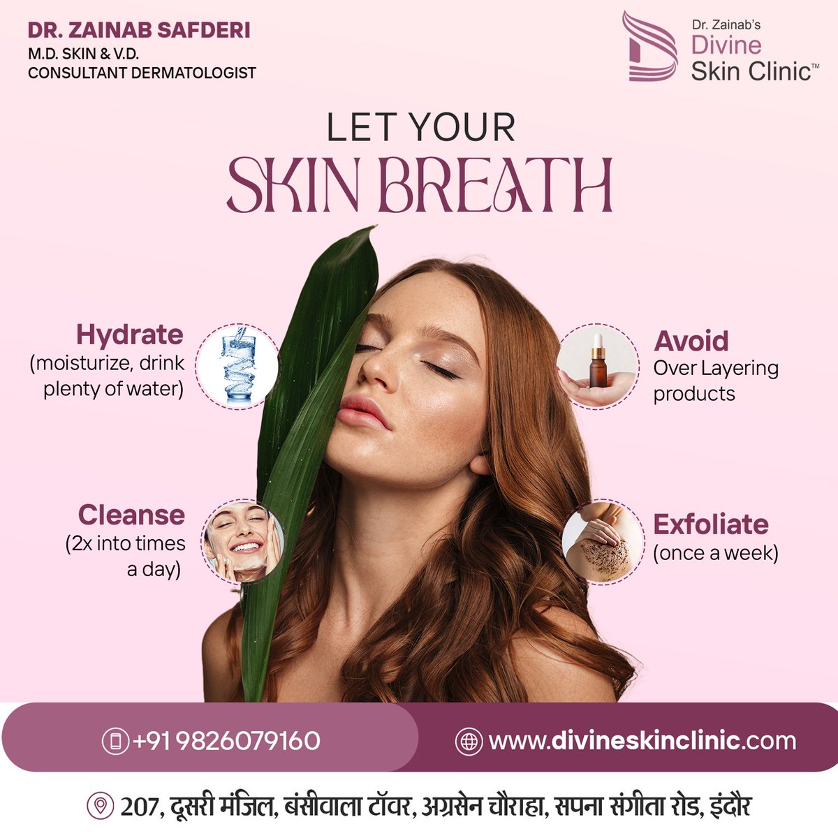 Give your skin room to breathe with these simple tips! 💦🌿 Hydrate, cleanse, streamline your routine, and exfoliate for a healthy glow. Let your skin shine in its natural beauty! It’s time to glow! 📞+91 9826079160 📍207, Bansiwala Tower, Near, Agrasen Square