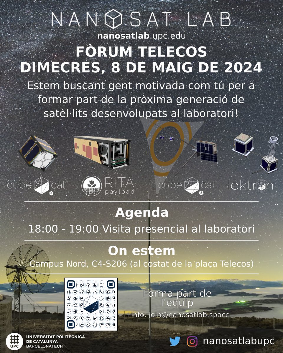 Come and meet us next Wednesday 8 at the open-doors event at Campus Nord and become part of the new satellite missions from @la_UPC @UPCTelecos !