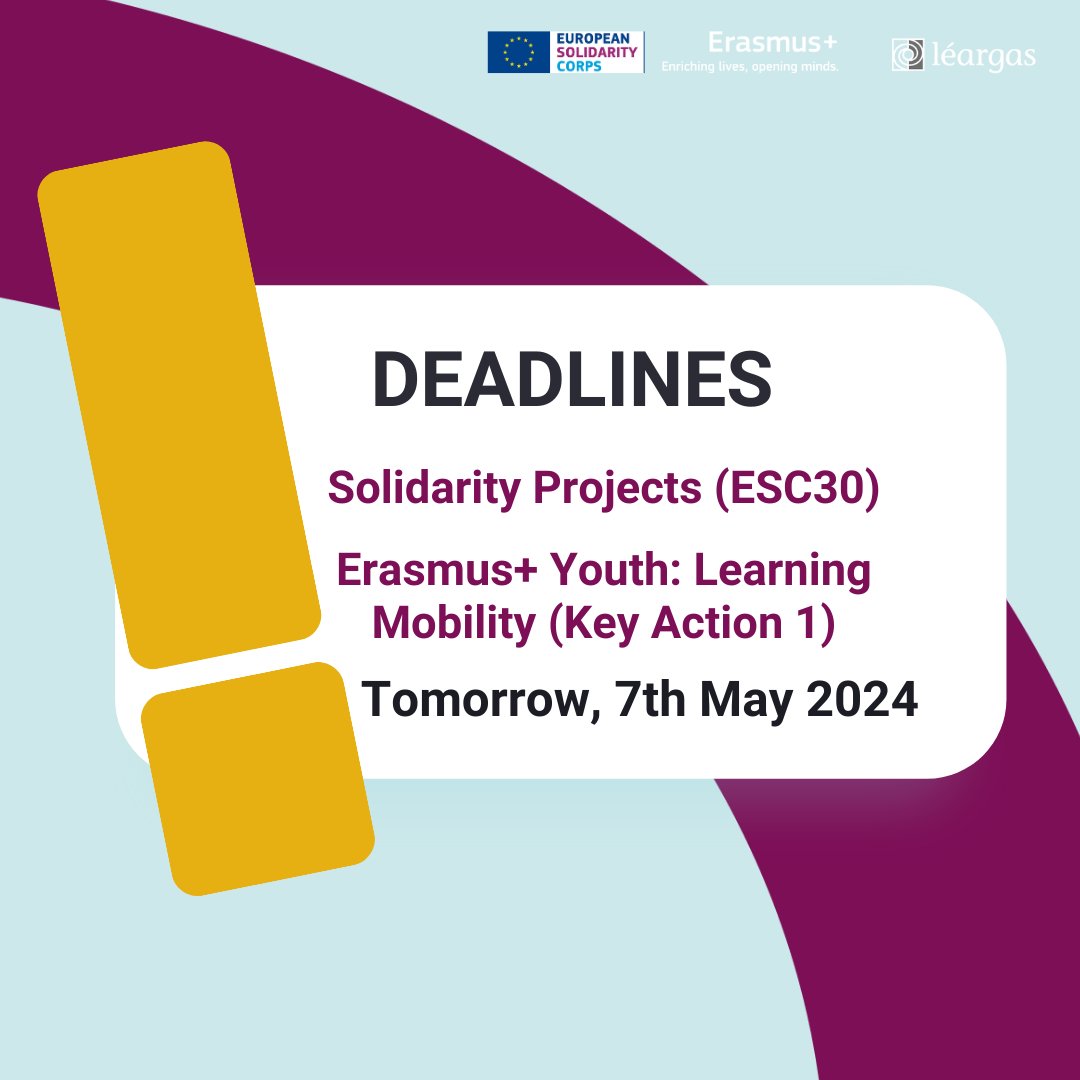 3....2...1...time is almost up! ⌛ Submit your application for the Erasmus+ Youth Learning Mobility (KA1) and ESC Solidarity Projects by tomorrow, 7th May, at 11am Irish time. We look forward to reading lots of new project proposals! 🔗bit.ly/4cYjij0 #ErasmusPlus
