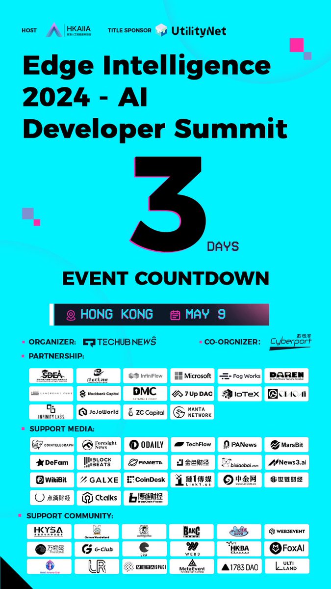 UtilityNet_'s tweet image. 🌟 Join the #EdgeIntelligence2024_AI_DeveloperSummit, co-hosted by #HKAIIA and #UtilityNet, which will be held on May 9th at Cyberport 🇭🇰#HongKong!👇

🌏 A gathering of top global AI developers and cutting-edge information, to explore the deep integration of intelligent edge…