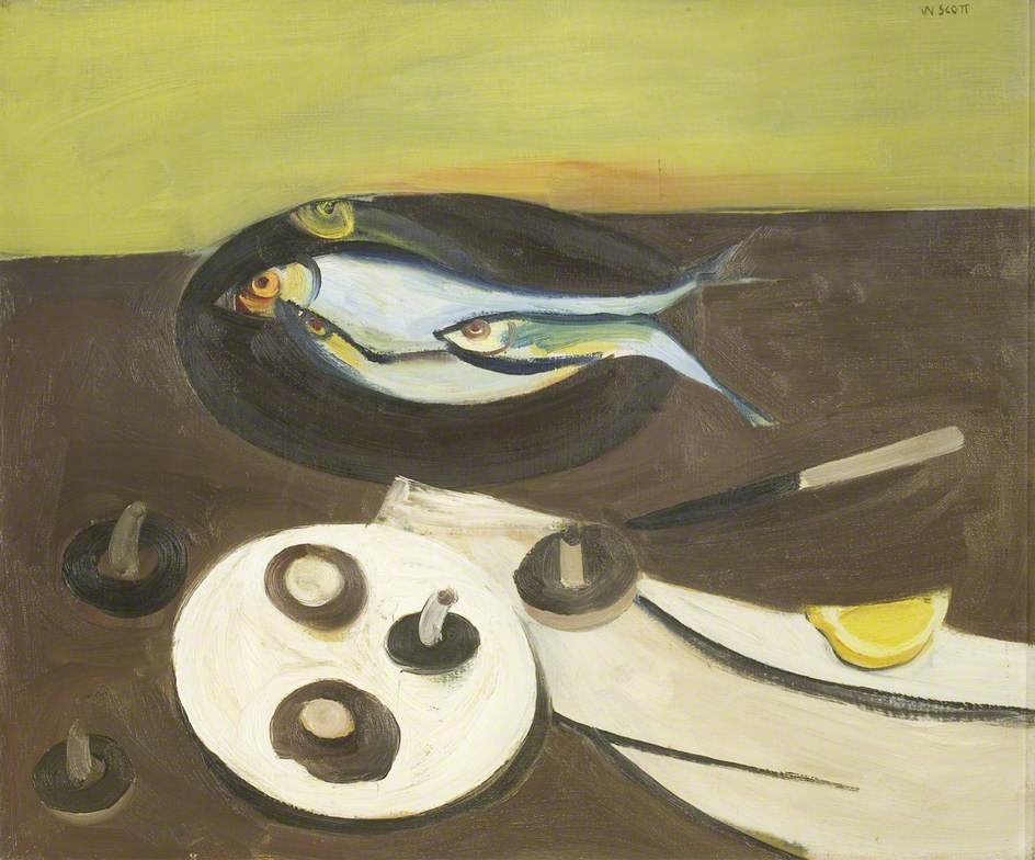 2024 marks the 100th anniversary of William Scott's arrival in Northern Ireland. Read more about the artist 👉 ow.ly/5Tzl50RhTu3 'Fish, Mushrooms, Knife and Lemons' by William Scott (1913–1989). © estate of William Scott 2024. 📷 @bristolmuseums