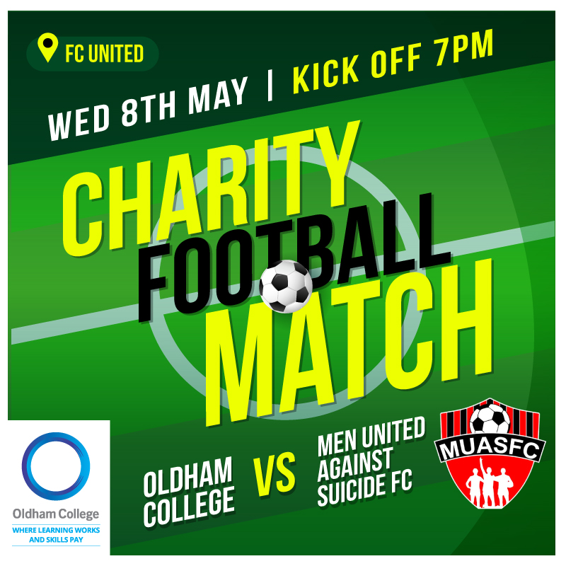 Our charity football match against @MUASFC is just a few days away! Join us at FC United on Wednesday 8th May to support this fantastic charity. Adults £5, under 16s go free - email danielle.vipond[at]oldham.ac.uk for tickets. All tickets entered into a prize draw!