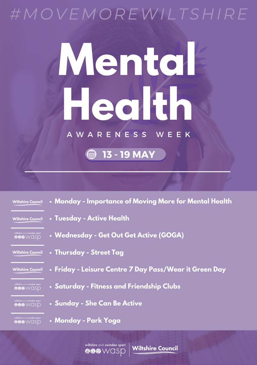 Only one week to go until Mental Health Awareness Week (13-19 May)! Here is a look at what's coming up throughout the week... #mentalhealthawarenessweek #momentsformovement #movemorewiltshire