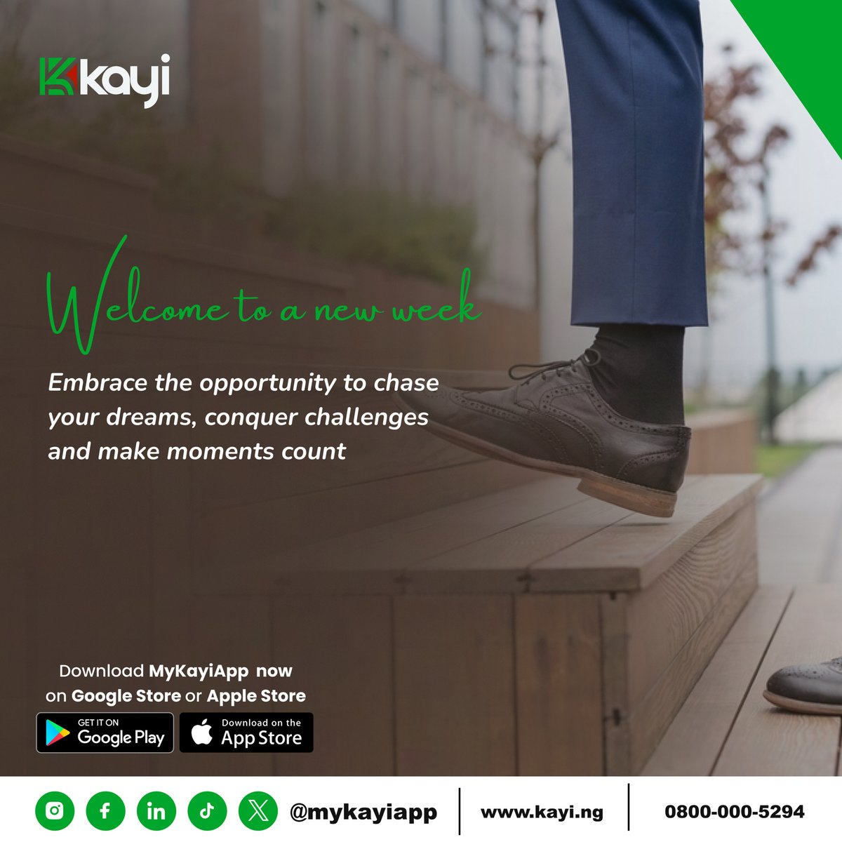 New week, new goals! Embrace the opportunity to chase your dreams, conquer challenges, and make every moment count. You've got this!

#MondayMotivation 
#DreamBig #MakeItHappen
#Mykayiapp
#Kayiway
#Digitalbanking