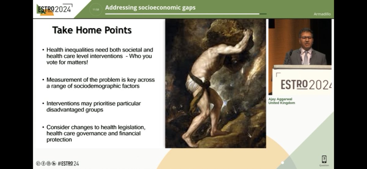 Impact of health inequalities👉 Politics of health really matters! 
🔑messages if we want to make progress 
▶️pay more tax 
▶️who you vote for matters 
Outstanding talk by @AggarwalOnc #ESTRO24 @ESTRO_RT @RCRadiologists @NHSEngland
