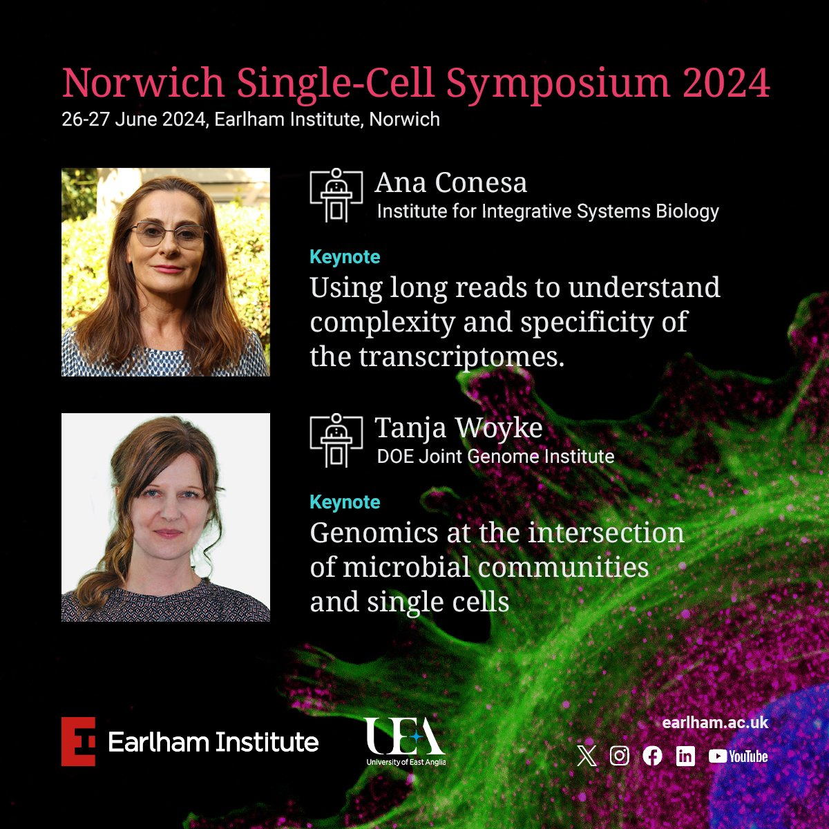 At #EISingleCell24 we'll be hearing from Dr Ana Conesa from @i2sysbio, and Dr Tanja Woyke from @jgi as our Keynote Speakers, on their work in #longreadsequencing and #microbial #singlecell genomics.

⤵ Register now to join us
okt.to/JjOvc0

@anaconesa @twoyke @biouea