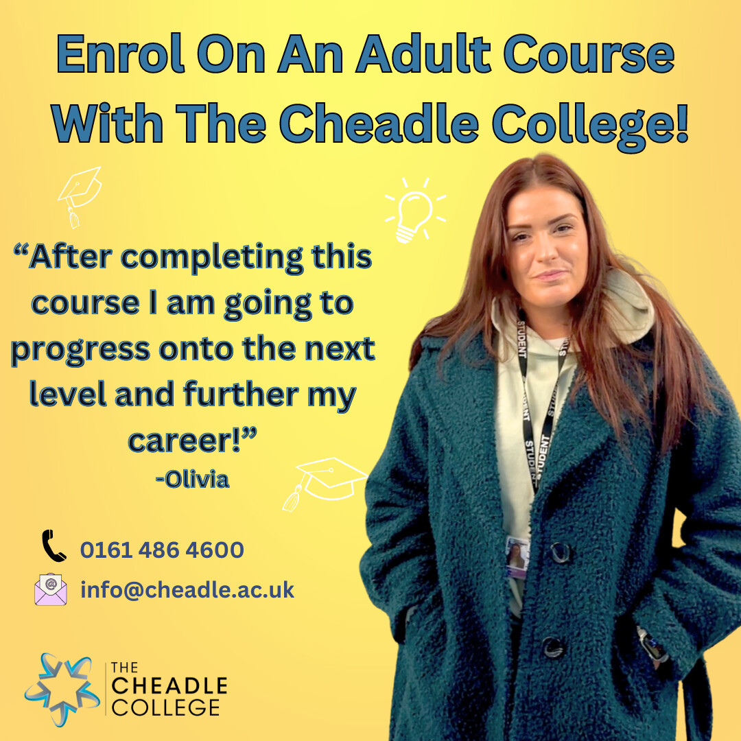 The Cheadle College offers a wide range of courses for adult learners.  Come and develop your skills with us to accelerate your career or find a new hobby 😃

#cheadle #adultcourse #skillsforlife