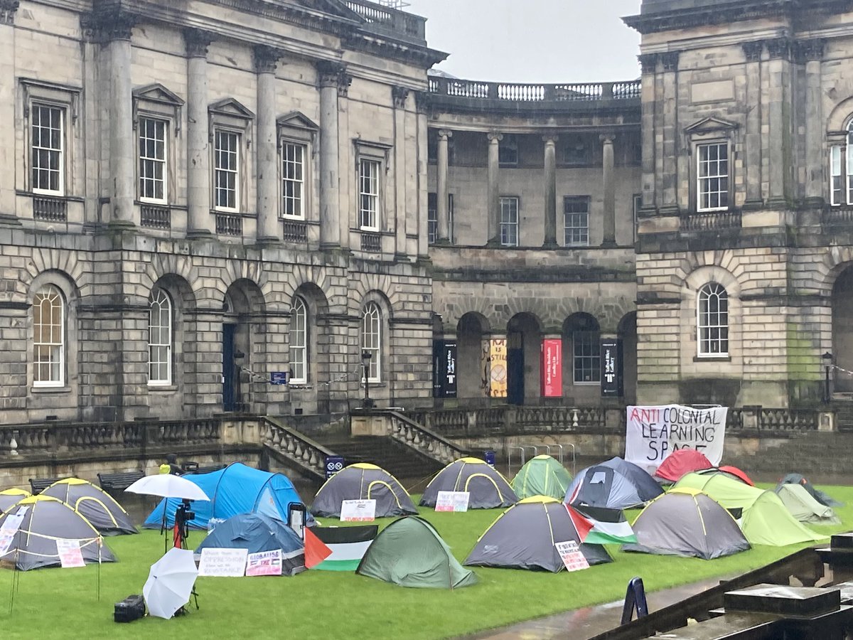 University of Edinburgh solidarity encampment and “Anti colonial learning space”. Our university should listen to students and staff, divest from any complicity with Israel’s dispossession and ongoing annihilation of Palestinians, abide by ICJ the order, repair our Balfour legacy