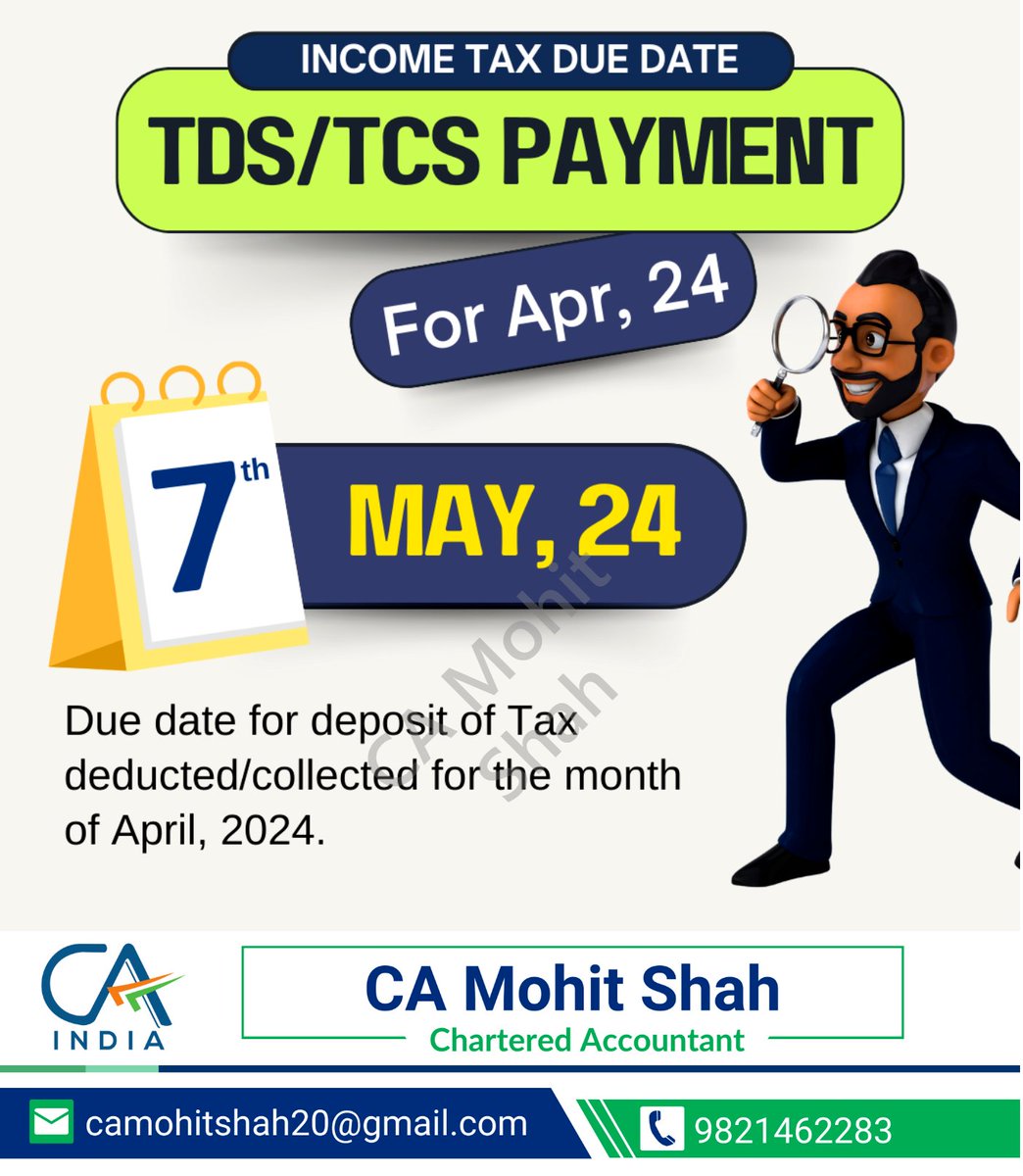 Attention taxpayers! Don't forget to deposit Tax Deducted/Collected for the month of April 2024 by the due date to avoid penalties.

#TaxCompliance #TDS #TCSPayment #IncomeTaxIndia #TaxFiling #FinanceProfessionals #GSTCompliance #DigitalIndia #FinancialServices #TaxSeason