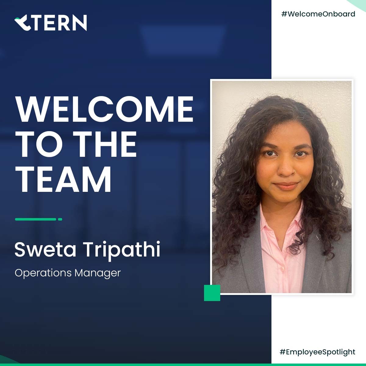 We are excited to welcome Sweta Tripathi, our Operations Manager at TERN Group!

In her current role at TERN, Sweta envisions transforming the company into a haven for immigrants seeking a better life.

Welcome aboard, Sweta! We're thrilled to have you with us!

#WelcomeToTheTeam