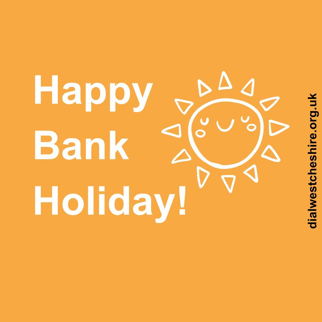 Happy Bank Holiday! ☀️🌸 #ShopmobilityUK #IndependentLiving #Mobility #DisabilityCharity #Chester #MayBankHoliday [Graphic shows an orange background with white text, 'Happy Bank Holiday!' To the right is a white outline cartoon of a smiling sun.]