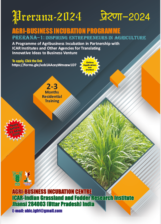 ICAR-IGFRI is hosting a 2-3 months'Residential Agri-Business Incubation Programme, Prerana­ 1: Inspiring Entrepreneurs in Agriculture,”with focus on entrepreneurship development in Fodder sector. To apply, click on forms.gle/xob1AAceyWmozw… Details on :igfri.icar.gov.in