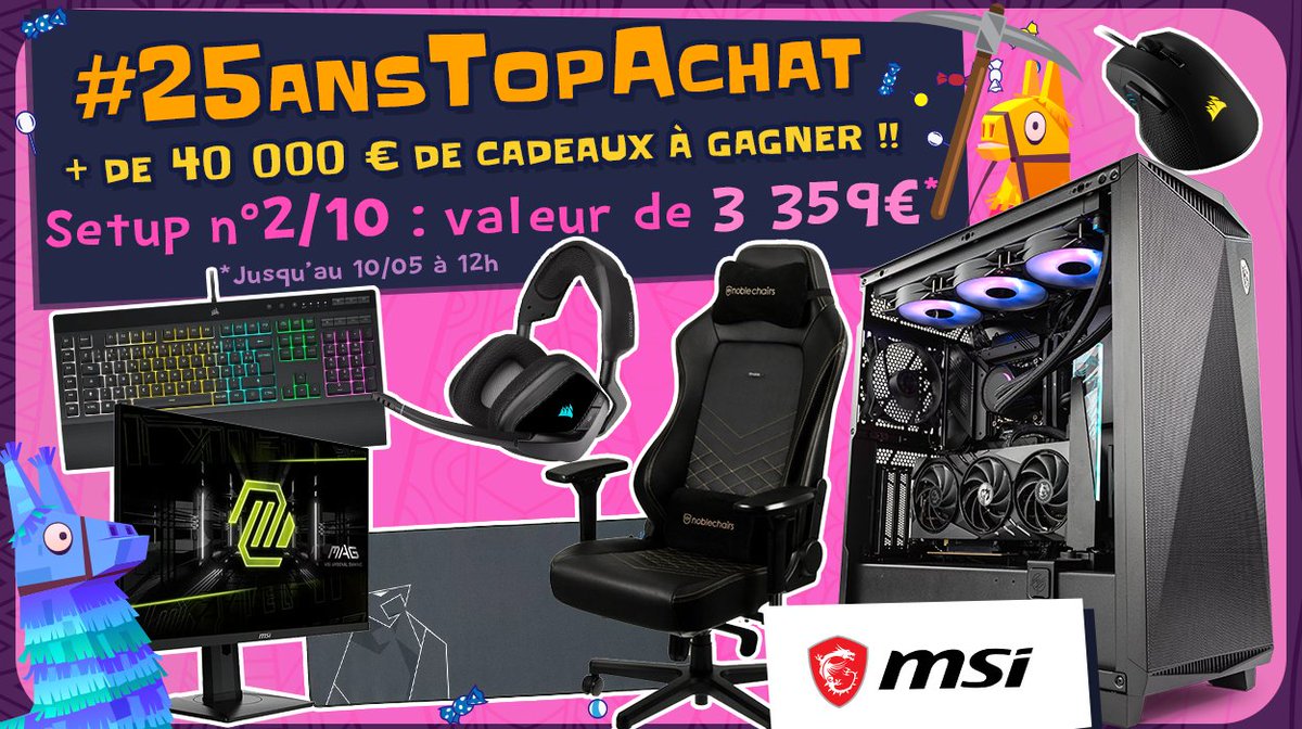 Concours 🎁 #25AnsTopAchat 🎂 🔥 + de 40 000 € de cadeaux à gagner ! 🔥 On enchaine avec le #Setup2 de 3359€ ! Pour participer ☑ #RT ce tweet ☑ Follow @TopAchat Participe aussi ici ⬇ ➡ topachat.com/p/content/conc… 🍀 TAS le 10/05 à 12h