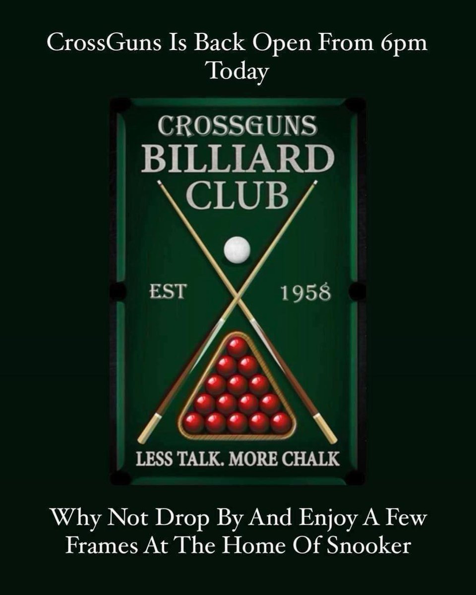 It’s Bank Holiday Monday 😀

CrossGuns Is Back Open From 6pm For Your Snooker Fix With The Cheapest Rates In Dublin 👍

Don’t Forget Your Complimentary Tea And Coffee Too 🫖☕️

The Famous CrossGuns Welcome Awaits You 🤝#thehomeofsnooker  #snooker  #bankholidaymonday