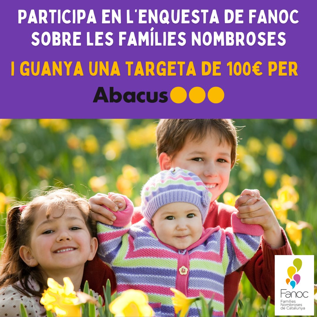 Participa en l'enquesta de FANOC sobre #famíliesnombroses i guanya 100 euros per l'Abacus! Els resultats ens serviran per a conèixer i millorar els serveis els oferim. L'enquesta estarà oberta fins el 31 de maig de 2024. 👉Enquesta aquí acortar.link/ZGmHIG