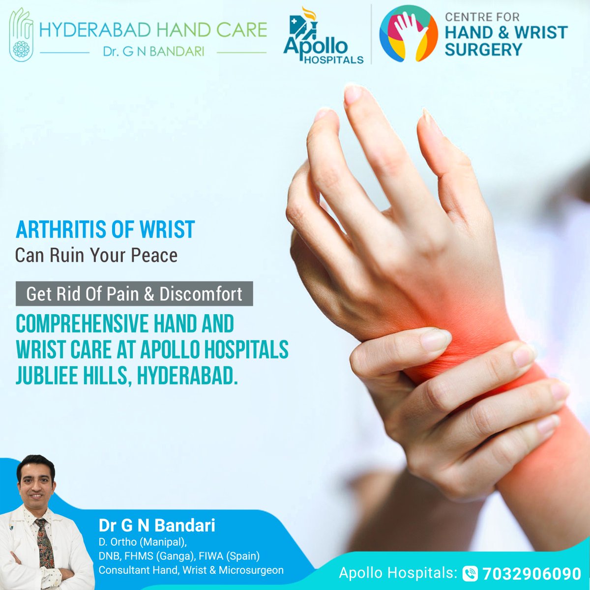 #Arthritis of #Wrist can ruin your Peace.
Get Rid of #Pain & #Discomfort.
Comprehensive Hand and Wrist care at #ApolloHospitals, #JubileeHills, #Hyderabad. Let us help you find relief.

For more visit :  
 hyderabadhandcare.com