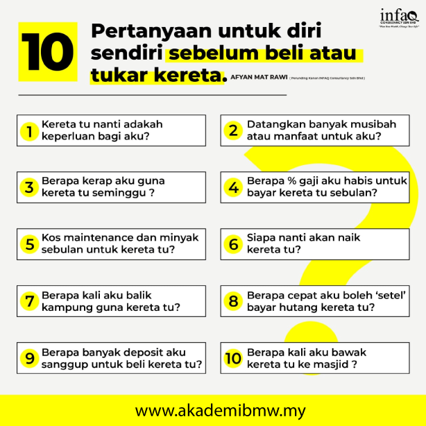 Tengah survey kereta ke tuuuuu????

Sebelum beli, elok baca juga posting ini.

KATA MEREKA:
“Kalau pakai kereta kecik, nanti apa orang kata” walhal bukan orang yang mengata tu nanti bayar installment kereta kita.

“Saya beli sebab nak bawa balik kampung” walhal balik kampung…