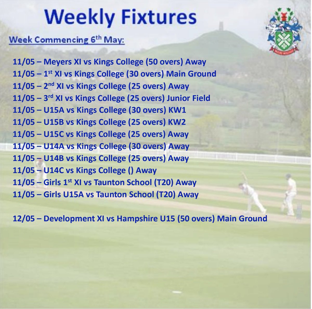 Heading into the third week of the term with many more exciting fixtures. Three more national cup games across the board and two loads of block fixtures against Sherborne School & Kings College🏏💥 #schoolcricket