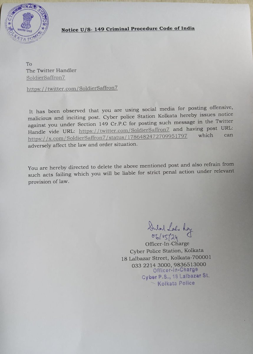 Kolkata Police is giving notices just for posting memes on Mamata Banerjee Those who say there is no democracy under BJP government in India they should sometimes visit West Bengal So much Freedom of Speech in Bengal !!