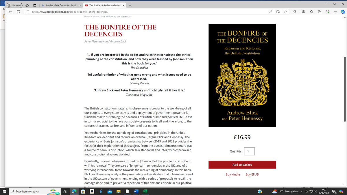 In this recent book, @DrAndrewBlick, of @kingshpe and @Kingspol_econ, and Professor Peter Hennessy discuss the shortcomings of the mechanisms through which British constitutional principles are upheld and how those problems can be remedied. hauspublishing.com/product/bonfir…