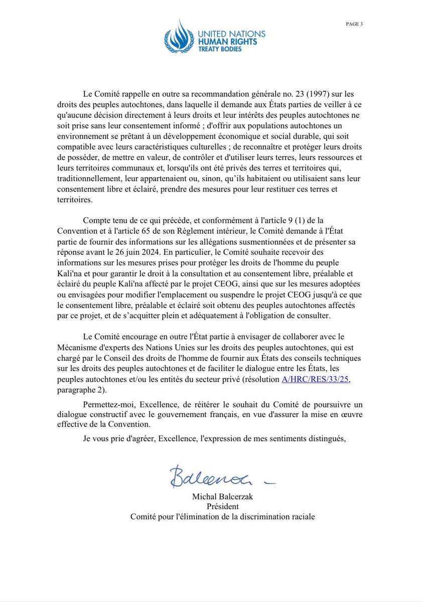 Dans une lettre à l’ambassadeur, l’@ONU_fr exhorte la France de s’expliquer sur le recours à la force contre les opposants au projet CEOG et de respecter le processus de consentement des #autochtones concernant l’emplacement du projet sur leurs terres 👀
➡️tbinternet.ohchr.org/_layouts/15/tr…