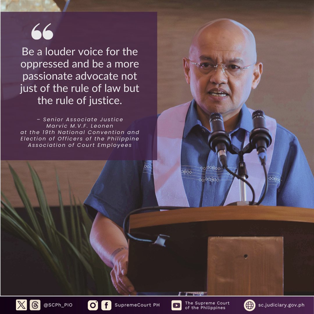 Senior Associate Justice Marvic M.V.F. Leonen gave an inspirational message to court employees at the the 19th National Convention and Election of Officers of the Philippine Association of Court Employees (PACE) at the Rizal Park Hotel on May 2, 2024. #SupremeCourtPH