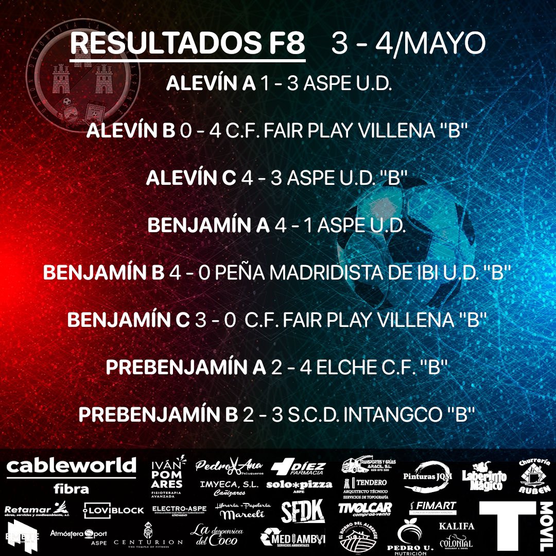 🖥️ RESULTADOS

#aspe #alicante #fútbol #fútbolpopular #veteranos #senior #juvenil #cadete #infantil #alevin #benjamin #prebenjamin #ffcv #lfva