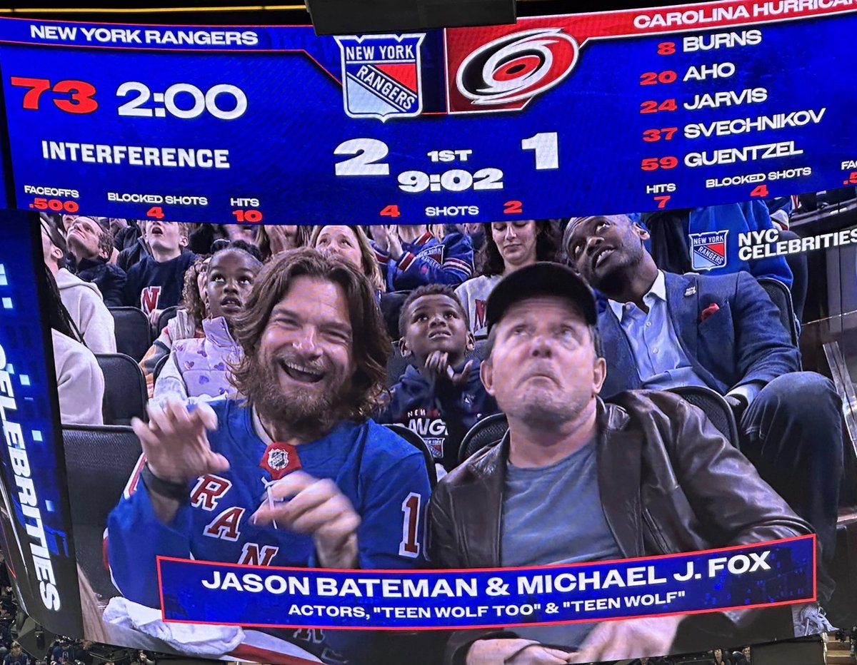 Jason Bateman (Teen Wolf Too - 1987) and Michael J. Fox (Teen Wolf - 1985) together at a New York Rangers playoff game.