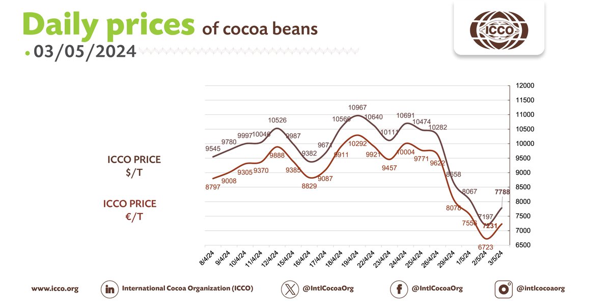 🔴 03/05/2024 #Cocoa Daily Prices - Prix du jour - Precios diarios - Ежедневные цены 💵 ICCO daily price - 7788.18 $/T 💶 ICCO daily price - 7230.55 €/T More #cocoa statistical info in our webpage🔗bit.ly/36Ad74r #ICCOCocoaHub #ICCOCocoaData #ICCOCocoaKnowledge