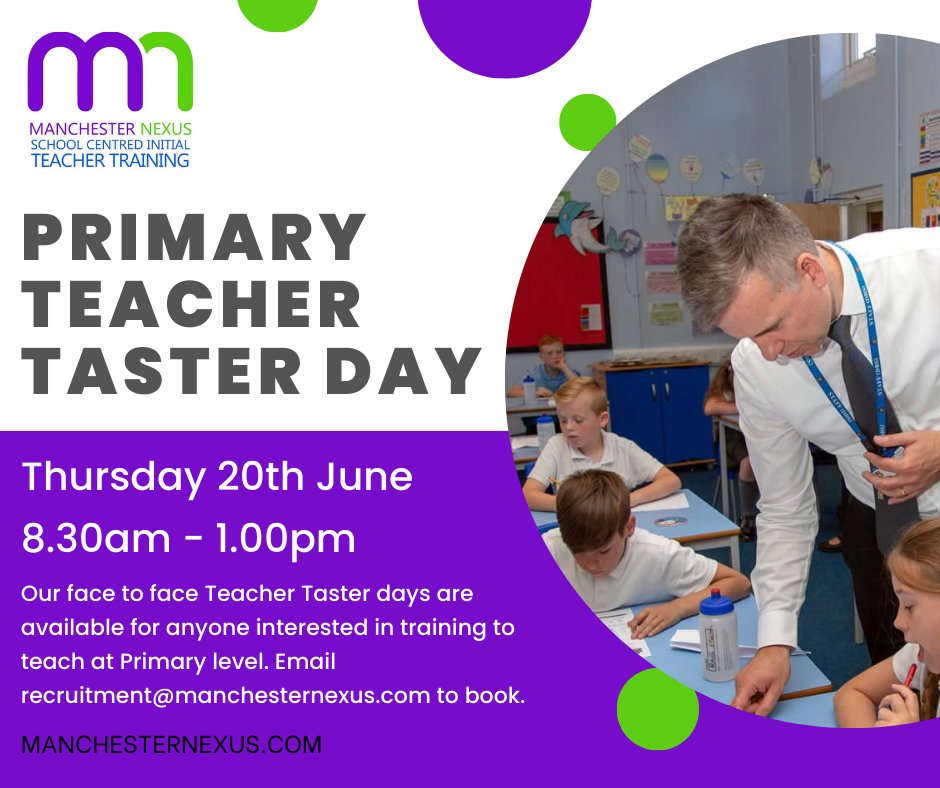 At Nexus SCITT we hold regular taster events for anyone thinking of a career in teaching. Our next Primary event will be Thursday 20th June - email recruitment@manchesternexus.com to book your place.
manchesternexus.com/events/
#traintoteach #teachertraining #oldham #manchester