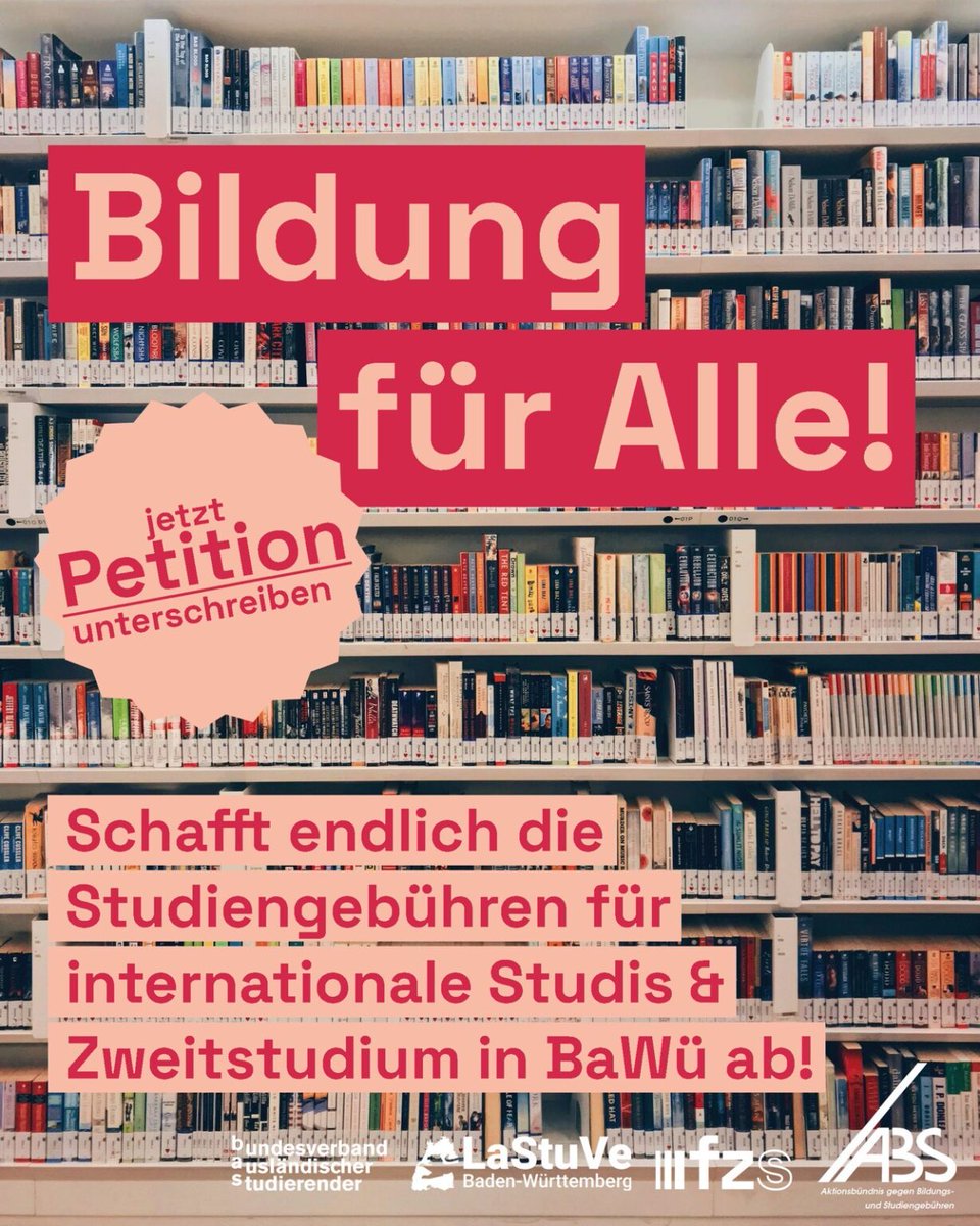 Noch immer erhebt BaWü #Studiengebühren von Studis aus dem Nicht-EU-Ausland. Ein breites Bündnis fordert nun in einer Peition die Abschaffung der Gebühren. Als Teil des @AB_gegen_S unterstützen wir die Petition & bitten euch um Unterzeichnung ✒️openpetition.eu/petition/onlin…