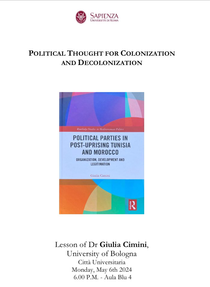 GiuliaCimini1's tweet image. Discussing #politicalparties in the #Maghreb and reshaping logics of #legitimation and #action at Sapienza University today