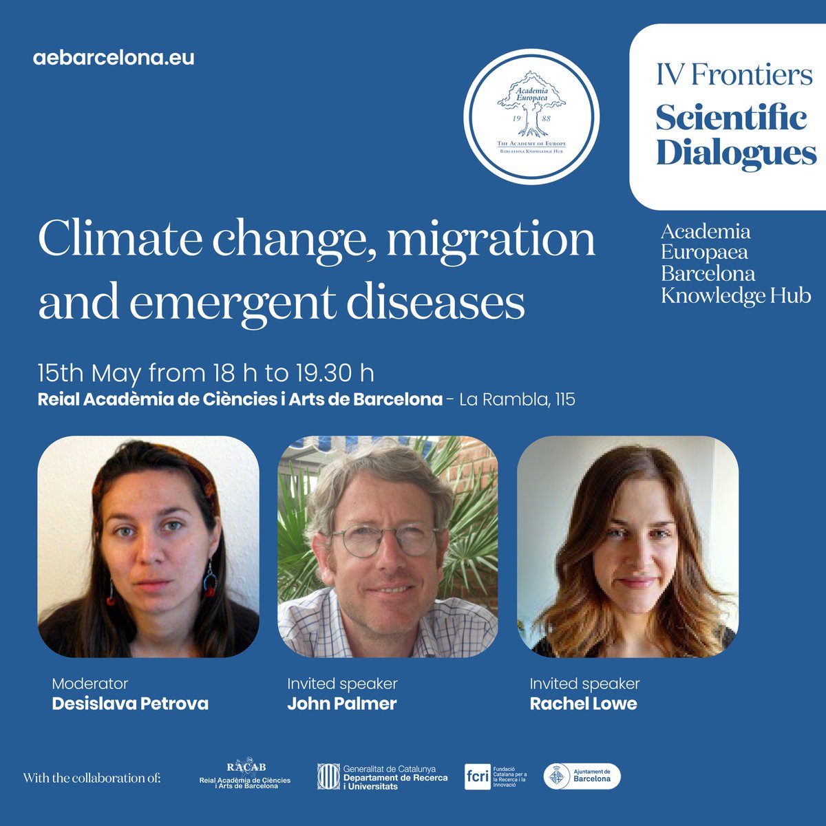 🚨Reminder! 🗓️15th of May from 18.00 to 19.30 p.m #Climate change, #migration and #emergent diseases 📍RACAB and zoom ‼️Free entry ℹ️aebarcelona@fundaciorecerca.cat