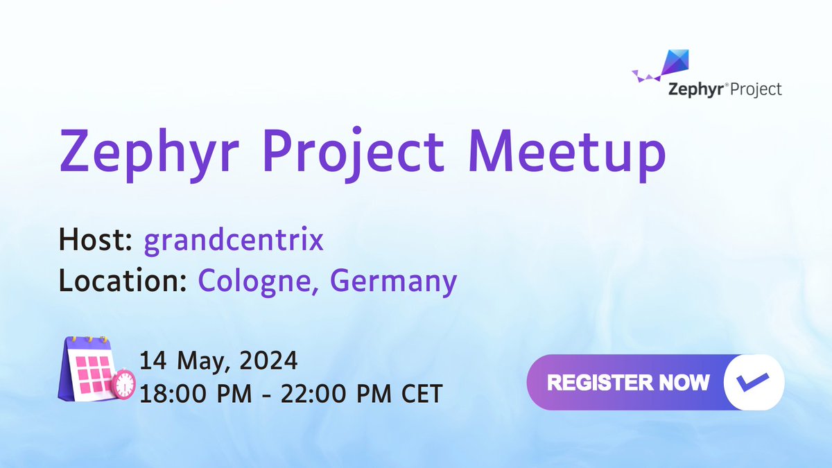 Zephyr Project Meetup in Cologne, Germany is around the corner! Join us on May 14, 2024, 6:00 PM - 10:00 PM for insightful discussions on #opensource, #embeddedsystems #programming, and #software development. Register now to secure your spot! hubs.la/Q02w7bZ80 #ZephyrRTOS